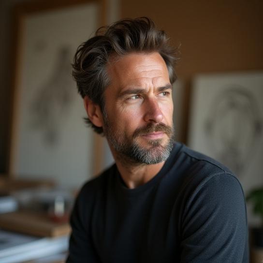 Portrait pensif de Marc Lefevre, designer principal d'Ergoline Textile.